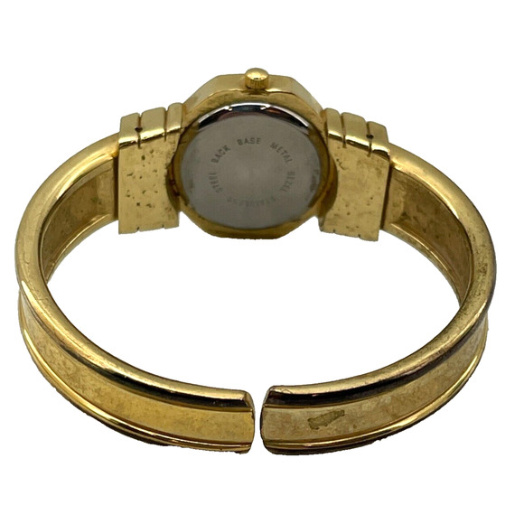 Pierre Jacquard Gold Tone Cuff Watch Rhinestones Metal Band Blue Octagon Dial